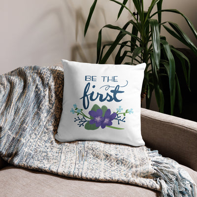 Alpha Delta Pi Sorority Motto Pillow in 18 x 18 size in white shown on couch