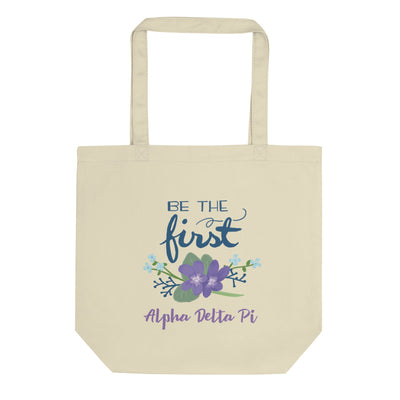 Alpha Delta Pi Sorority Tote Bag in natural oyster with Be the First motto shown flat