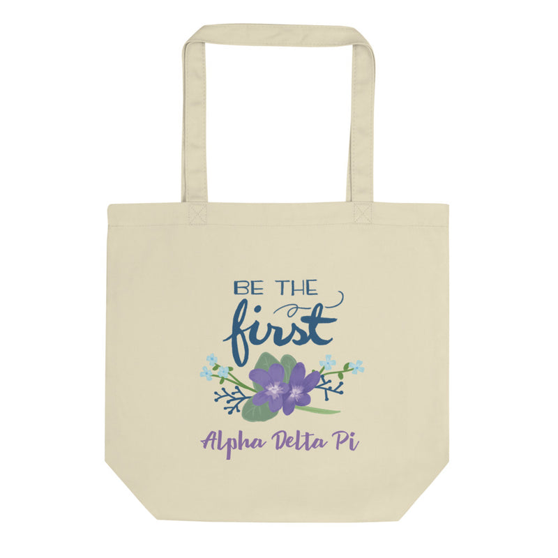 Alpha Delta Pi Sorority Tote Bag in natural oyster with Be the First motto shown flat