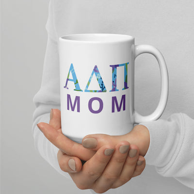 Alpha Delta Pi Sorority Mom Mug in 15 oz size in model's hands