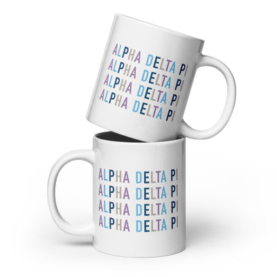 Alpha Delta Pi Sorority Coffee Mug in 20 oz size shown stacked with brand color
