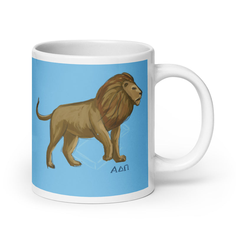 Alpha Delta Pi Sorority Mug with "Alphie" the lion mascot design in 20 oz size 