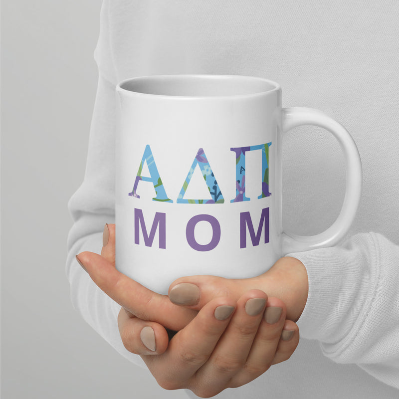 Alpha Delta Pi Sorority Mom Mug in 20 oz size with filled letters 