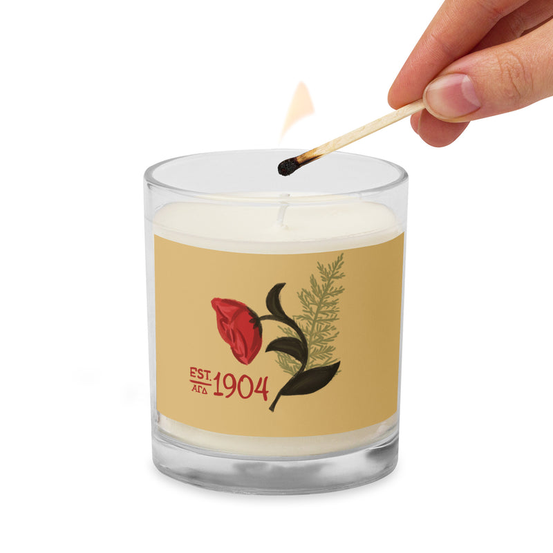 Alpha Gam 1904 Glass Jar Soy Candle being lit