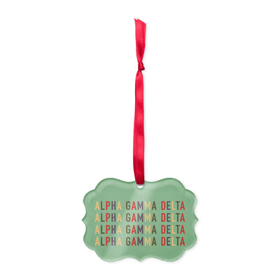 Alpha Gamma Delta Holiday Ornament with red ribbon