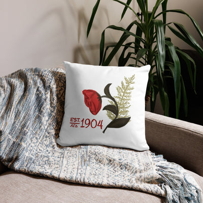 alpha gamma delta 1904 pillow in white in 18 x 18 size shown on couch
