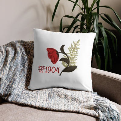 alpha gamma delta 1904 pillow in white on front of 22 x 22 size shown on couch