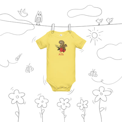 Alpha Gamma Delta squirrel baby onesie shown on clothesline drawing in yellow