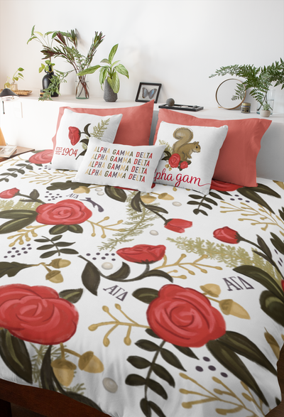 Alpha Gamma Delta Sweet Dreams Bedding Bundle shown in bedroom setting