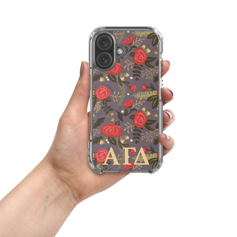 Alpha Gamma Delta Sorority iPhone 16 Case with rose floral print and letters