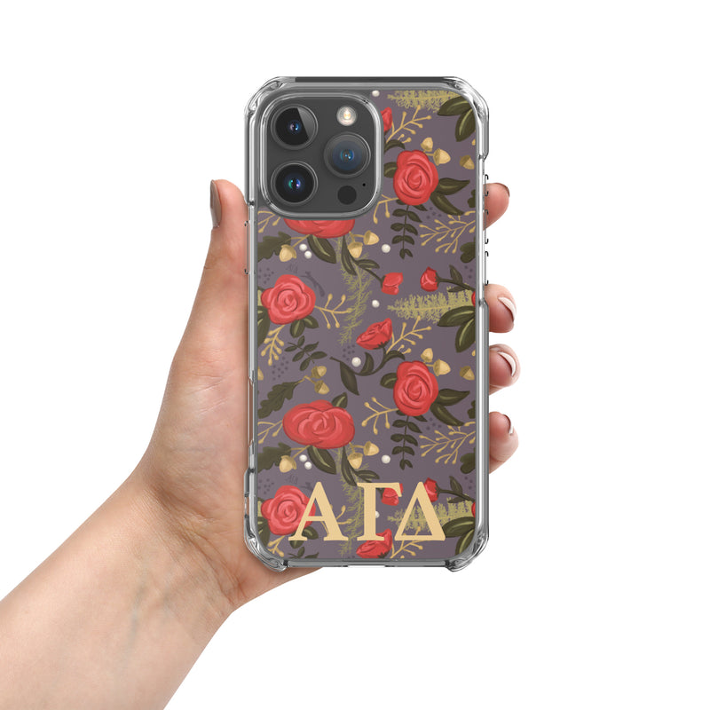 Alpha Gamma Delta Sorority iPhone 16 Pro Max Case with rose floral print and letters