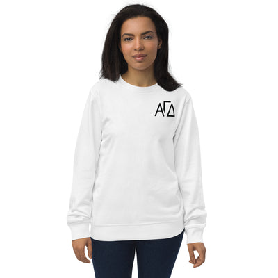 Alpha Gam Greek Letters White Organic Sweatshirt on front of model