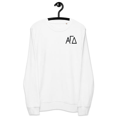 Alpha Gam Greek Letters White Organic Sweatshirt showing front of sweatshirt on hanger