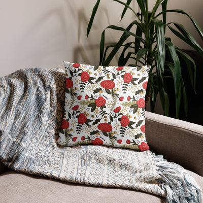 Alpha Gam Squirrel Mascot Pillow in 18 x 18 size in white floral print on back shown on couch