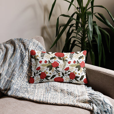 Alpha Gam Squirrel Mascot Pillow in 20 x 12 size in white floral print on back shown on couch