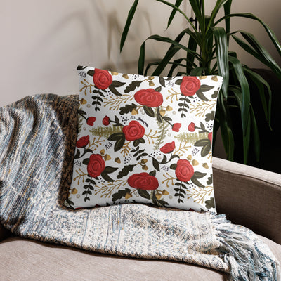 Alpha Gam Squirrel Mascot Pillow in 22 x 22 size in white floral print on back shown on couch