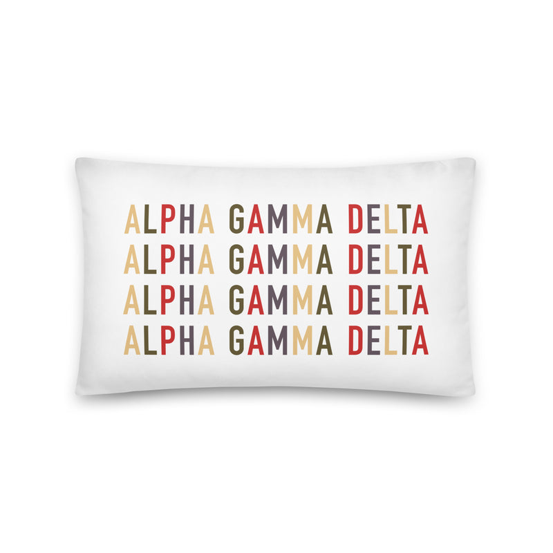 alpha gamma delta repeat pattern in brand colors in 20 x 12 lumbar pillow size