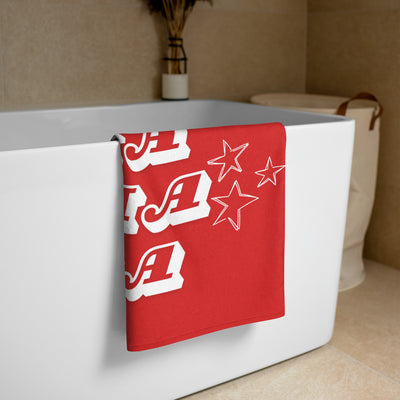 alpha-gamma-delta-red-bath-sorority-towel-in bathroom scene