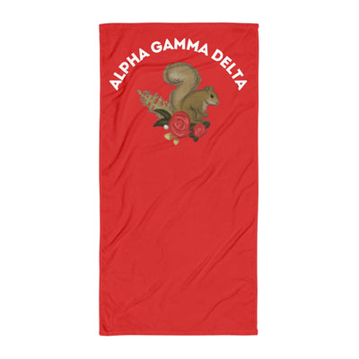 Alpha Gamma Delta Squirrel Towel shown in full view with squirrel design