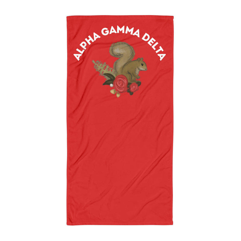 Alpha Gamma Delta Squirrel Towel shown in full view with squirrel design