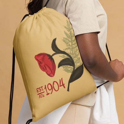 alpha gamma delta 1904 drawstring bag on model's shoulder