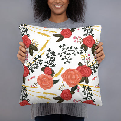 alpha omicron pi 1897 pillow in white 18 x 18 size shown in model's hands