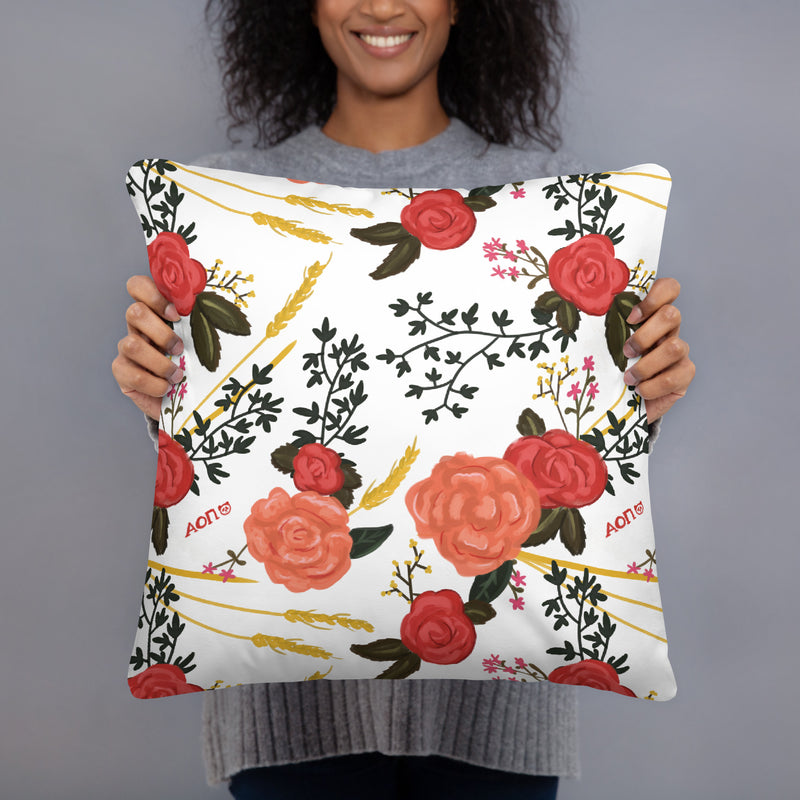 alpha omicron pi 1897 pillow in white 18 x 18 size shown in model&