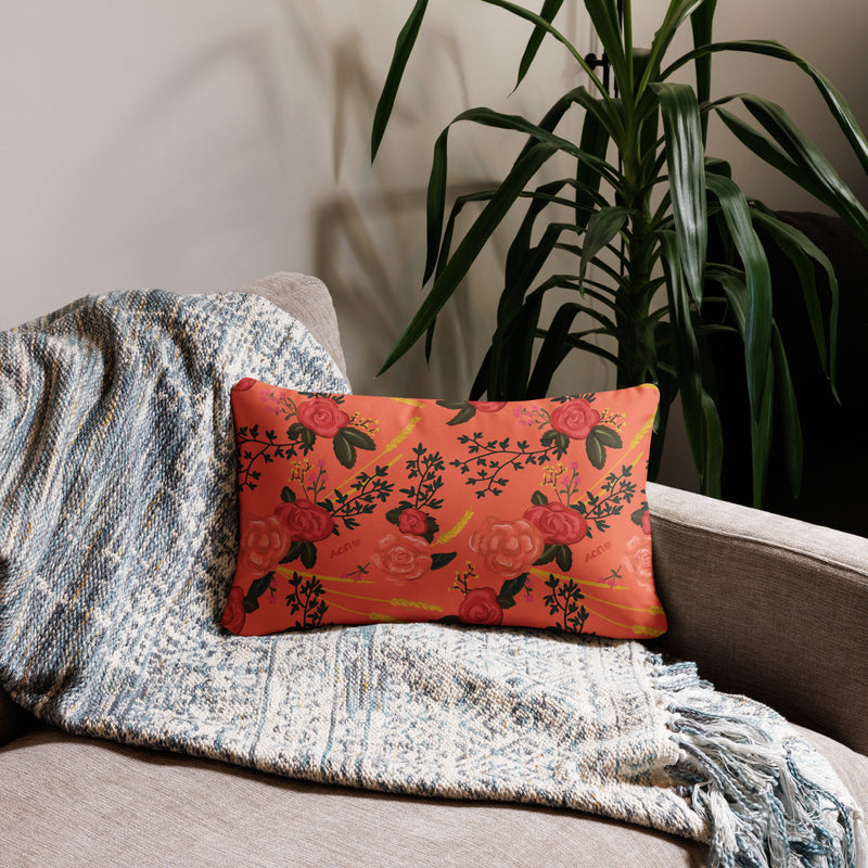 alpha omicron pi 1897 lumbar pillow in 20 x 12 coral shown on couch