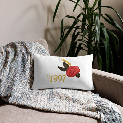 alpha omicron pi 1897 pillow in white in 20 x 12 lumbar pillow size shown on couch