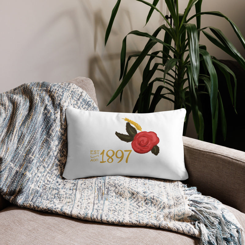 alpha omicron pi 1897 pillow in white in 20 x 12 lumbar pillow size shown on couch