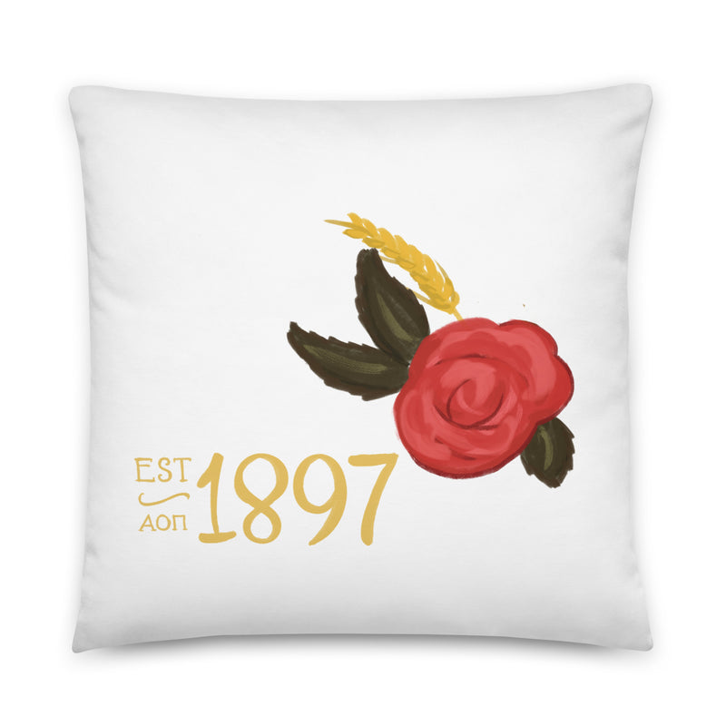 alpha omicron pi 1897 pillow in white showing design on front of 22" x 22" pillow