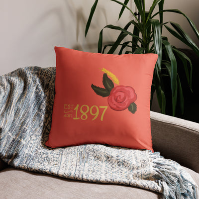 Alpha Omicron Pi Sorority Pillow with 1897 design in Confident Coral in 22" x 22" size