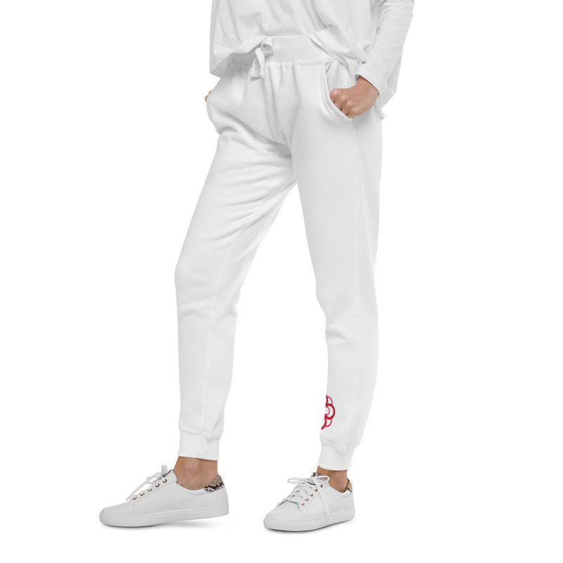 Alpha Omicron Pi Sorority Sweatpants showing side view in white on model