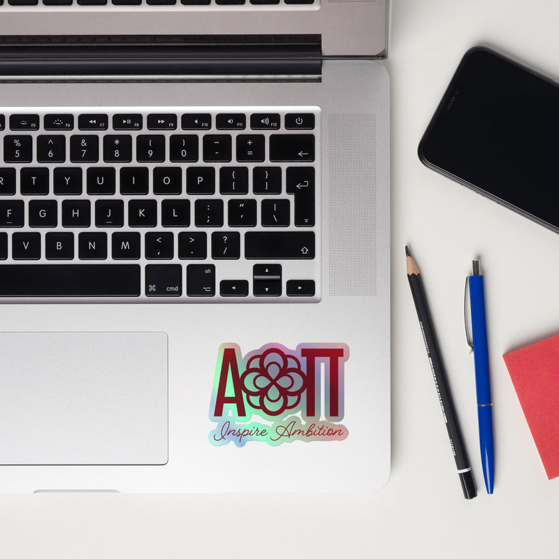 Alpha Omicron Pi Sticker with AOII Logo shown on computer keyboard