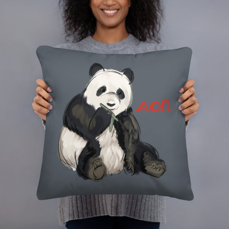 alpha omicron pi panda sorority pillow in 18" x 18" size in gray
