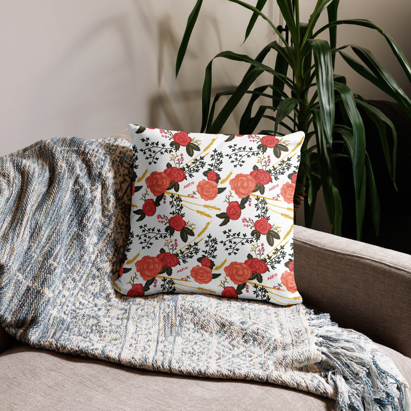 alpha omicron pi panda sorority pillow in 18 x 18 size in white showing rose floral print on back