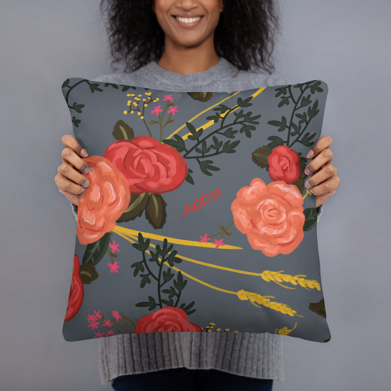 alpha omicron pi panda sorority pillow showing floral print on back of gray pillow