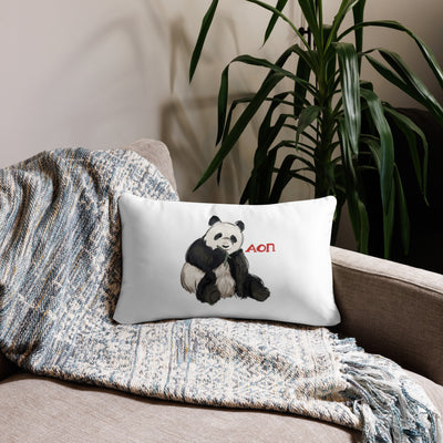 alpha omicron pi panda sorority pillow in 20 x 12 lumbar pillow size shown on couch