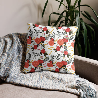 alpha omicron pi panda sorority pillow in 22 x 22 size in white showing rose floral print on back shown on couch