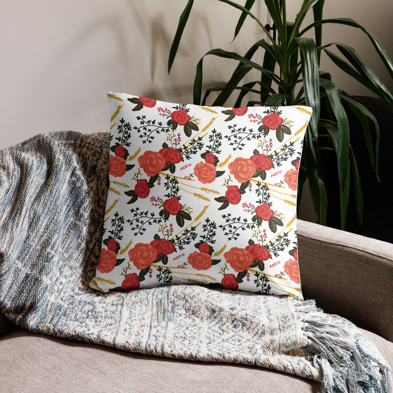 alpha omicron pi panda sorority pillow in 22 x 22 size in white showing rose floral print on back shown on couch