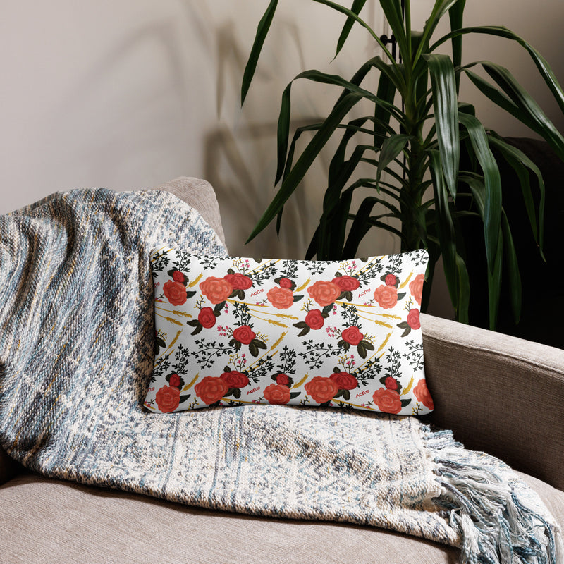 alpha omicron pi panda sorority pillow in 20 x 12 lumbar size showing rose floral print on back on couch