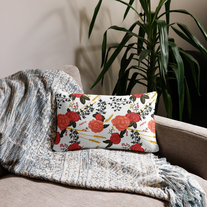 alpha omicron pi sorority pillow in lumbar size with rose floral print in white