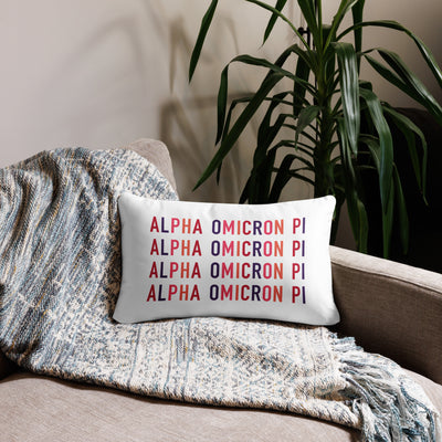 Alpha Omicron Pi Filled Letters pillow in 20 x 12 lumbar pillow size with repeat pattern on back