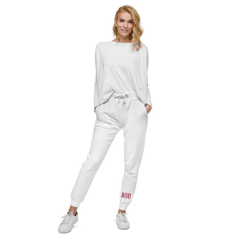 Alpha Omicron Pi Sorority Sweatpants showing full front view in white on model