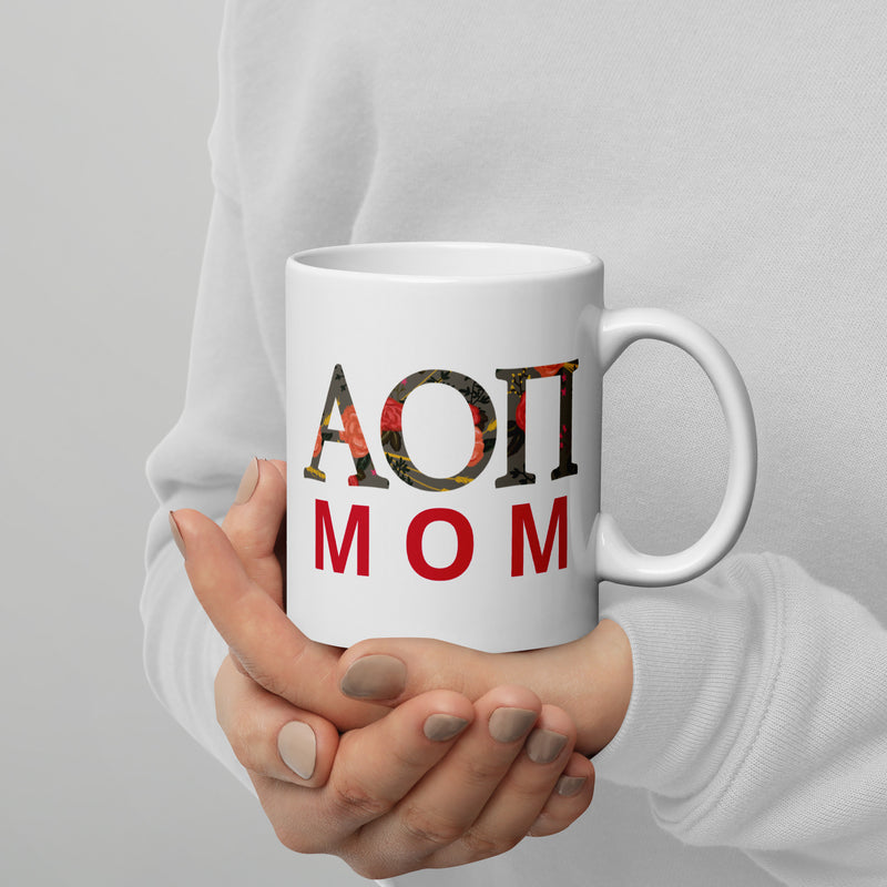 Alpha Omicron Pi Mom Mug 11 oz Mug with letters and motto design