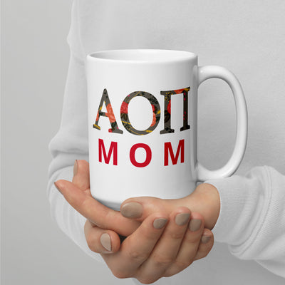 Alpha Omicron Pi Mom 15 oz Mug with letters and motto design