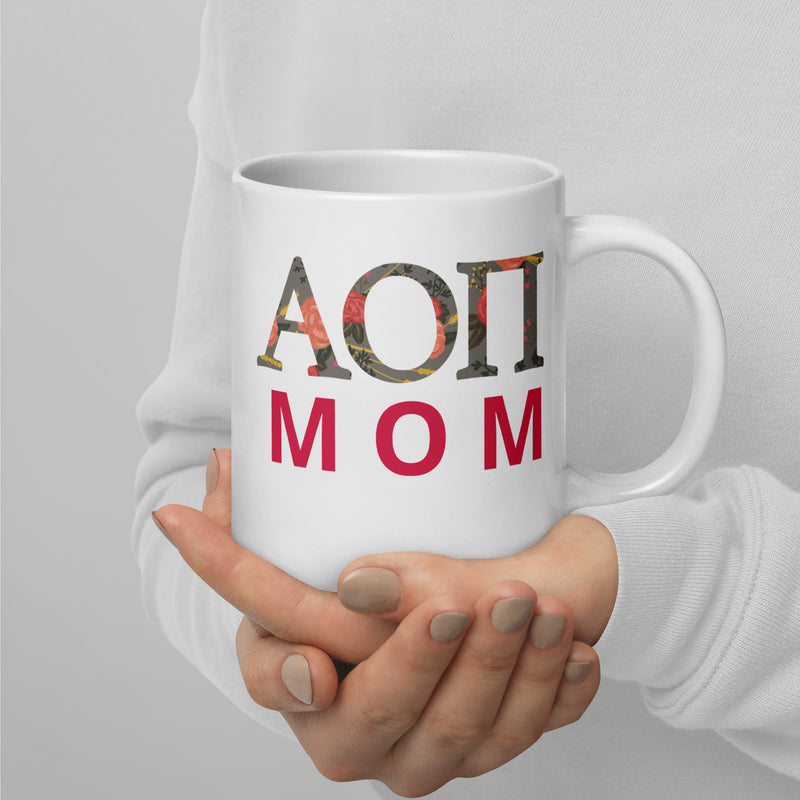 Alpha Omicron Pi Mom 20 oz Mug with letters and motto design 