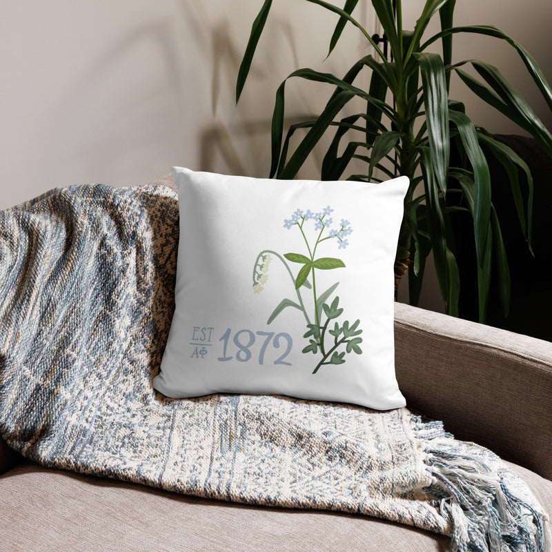 Alpha Phi 1872 Reversible Pillow showing custom 1872 design on front of white 18" x 18" pillow