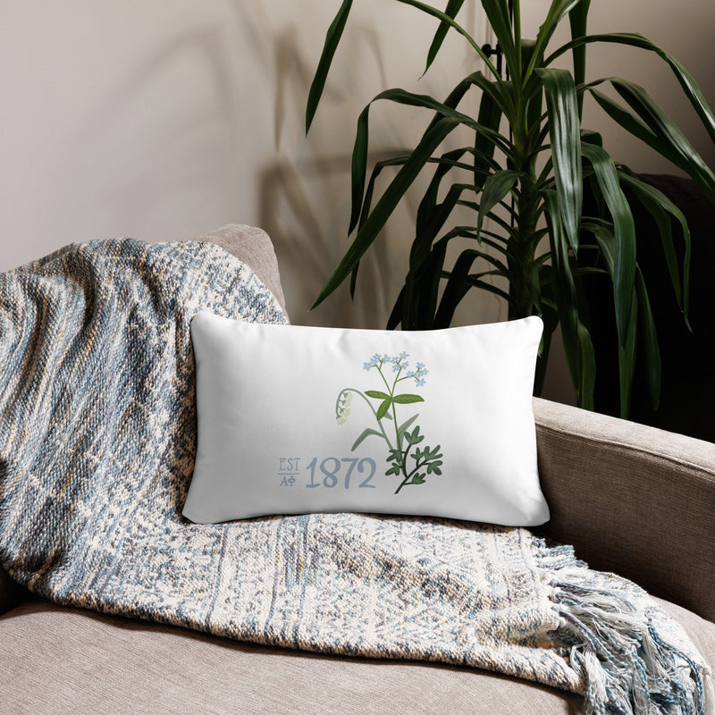 alpha phi 1872 pillow in 20" x 12" lumbar pillow size in white shown on couch