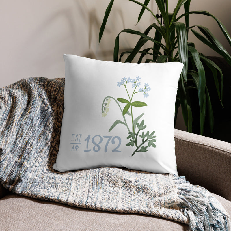 Alpha Phi 1872 Reversible Pillow showing custom 1872 design on front of white 22" x 22" pillow
